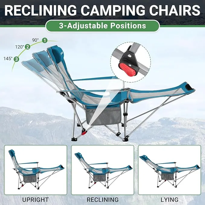 #WEJOY 2-in-1 Reclining Camping Chair, Lightweight Folding Camping Chair with Adjustable Backrest & Footrest, Camping Lounge Chair with Headrest, Cup Holder, Storage Bag, for Beach, Lawn, 2 Pack