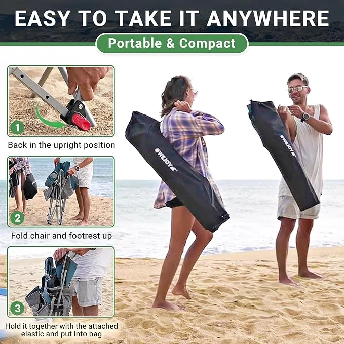 #WEJOY 2-in-1 Reclining Camping Chair, Lightweight Folding Camping Chair with Adjustable Backrest & Footrest, Camping Lounge Chair with Headrest, Cup Holder, Storage Bag, for Beach, Lawn, 2 Pack