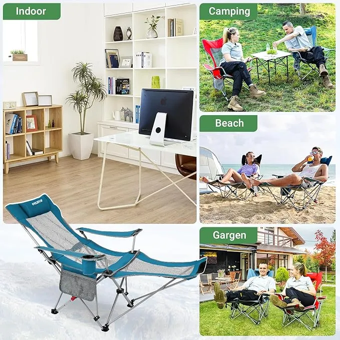 #WEJOY 2-in-1 Reclining Camping Chair, Lightweight Folding Camping Chair with Adjustable Backrest & Footrest, Camping Lounge Chair with Headrest, Cup Holder, Storage Bag, for Beach, Lawn, 2 Pack