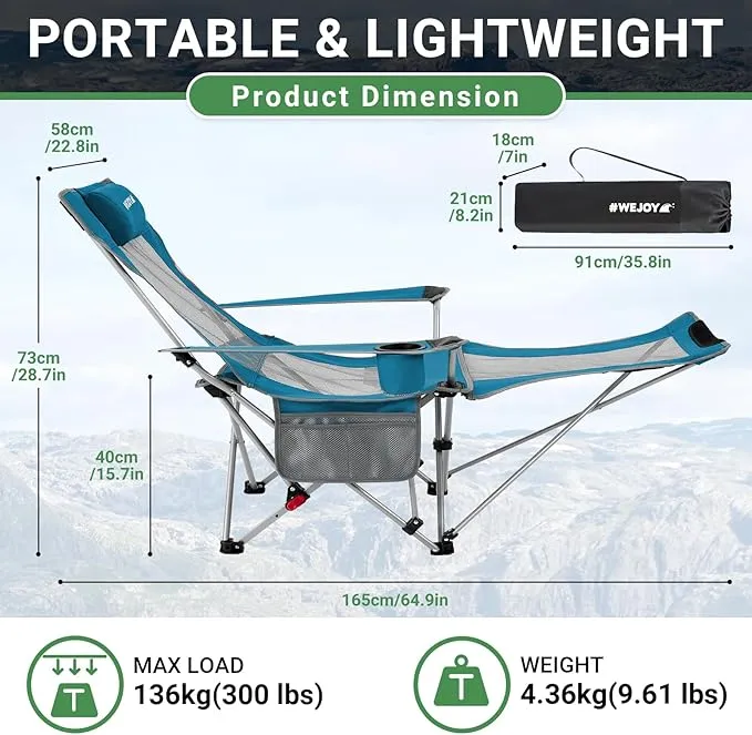 #WEJOY 2-in-1 Reclining Camping Chair, Lightweight Folding Camping Chair with Adjustable Backrest & Footrest, Camping Lounge Chair with Headrest, Cup Holder, Storage Bag, for Beach, Lawn, 2 Pack