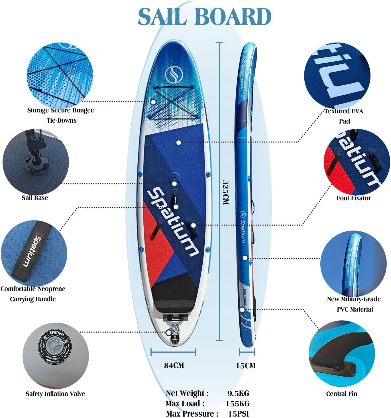 Windsurfing Sail with Inflatable Surfing Boards SUP Windsurf Paddle Board SUP Windsurfer Inflatable Windsurf Sail5m 400 * 185cm Inflatable Windsurfing Board and Sail for Fun Water Sports